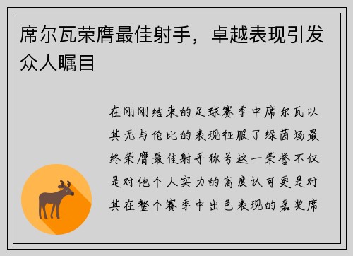 席尔瓦荣膺最佳射手，卓越表现引发众人瞩目